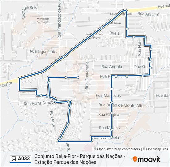 Mapa da linha A033 de ônibus