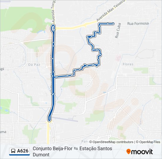 Mapa da linha A626 de ônibus