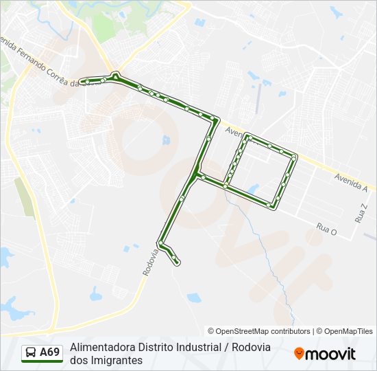 Mapa da linha A69 de ônibus