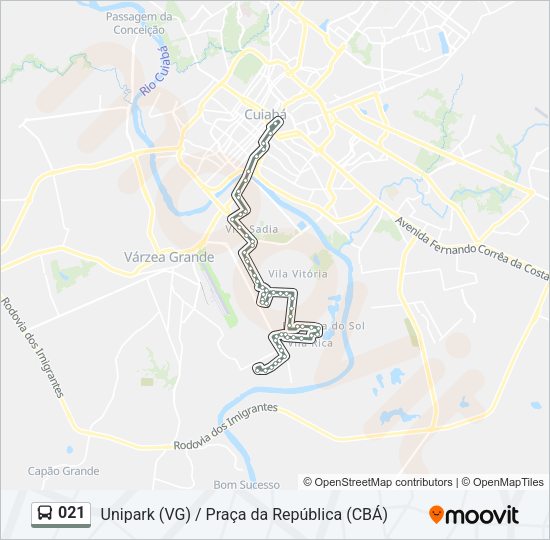 Mapa da linha 021 de ônibus