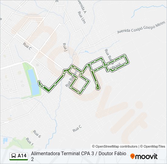 Mapa da linha A14 de ônibus