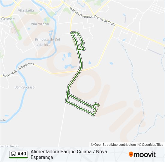 Mapa da linha A40 de ônibus