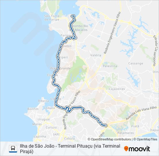 Mapa da linha 913.URB ILHA DE SÃO JOÃO - TERMINAL PITUAÇU (VIA TERMINAL PIRAJÁ) de ônibus