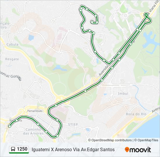 Mapa da linha 1250 de ônibus