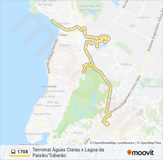 Mapa da linha 1708 de ônibus