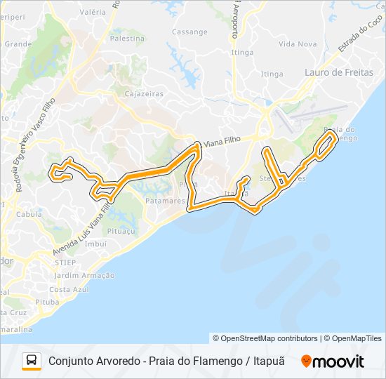 Mapa da linha L204 CONJUNTO ARVOREDO - PRAIA DO FLAMENGO / ITAPUÃ de ônibus