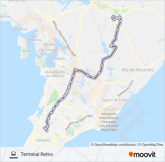 Mapa da linha 814A.URB CAMAÇARI - TERMINAL RETIRO (VIA PARAFUSO) de ônibus