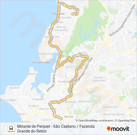 Mapa da linha L413 MIRANTE DE PERIPERI - SÃO CAETANO / FAZENDA GRANDE DO RETIRO de ônibus