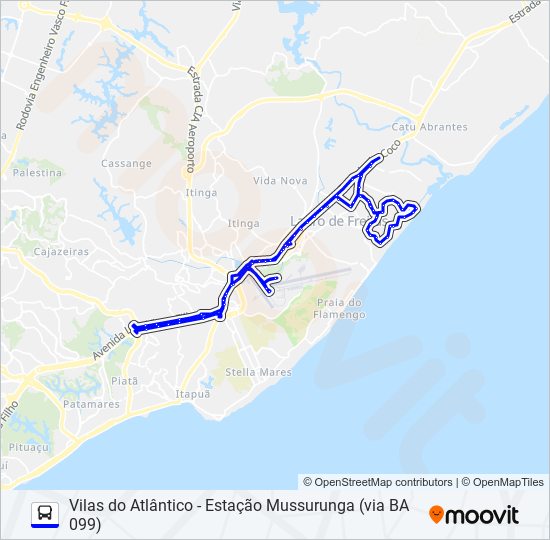 Mapa de 841.URB VILAS DO ATLÂNTICO -  ESTAÇÃO MUSSURUNGA (VIA BA 099) de autobús