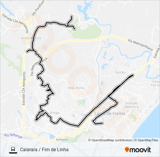 Mapa da linha CAP-005 CAIARARA / FIM DE LINHA de ônibus