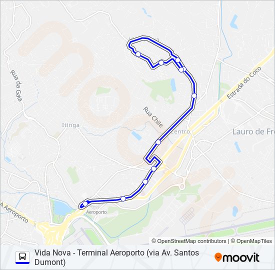 Mapa da linha 883A.URB VIDA NOVA - TERMINAL AEROPORTO (VIA AV. SANTOS DUMONT) de ônibus