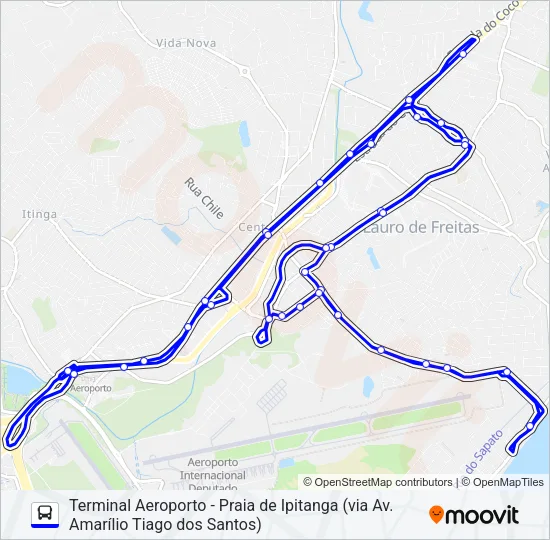 858A2.URB TERMINAL AEROPORTO - PRAIA DE IPITANGA (VIA AV. AMARÍLIO TIAGO DOS SANTOS) Bus Line Map