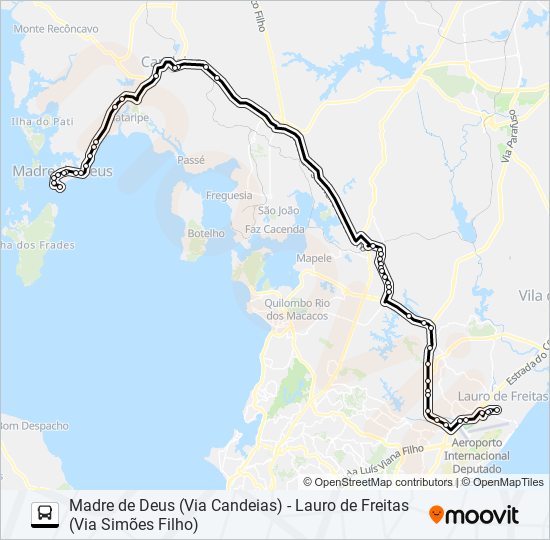Mapa da linha 834A MADRE DE DEUS (VIA CANDEIAS) - LAURO DE FREITAS (VIA SIMÕES FILHO) de ônibus