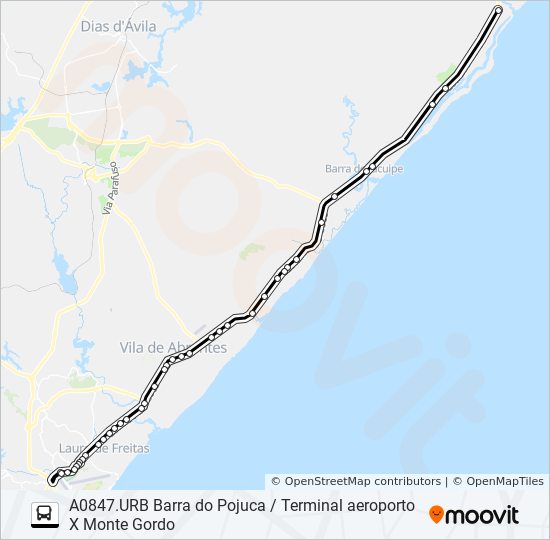 Mapa de A0847.URB BARRA DO POJUCA / TERMINAL AEROPORTO X MONTE GORDO de autobús