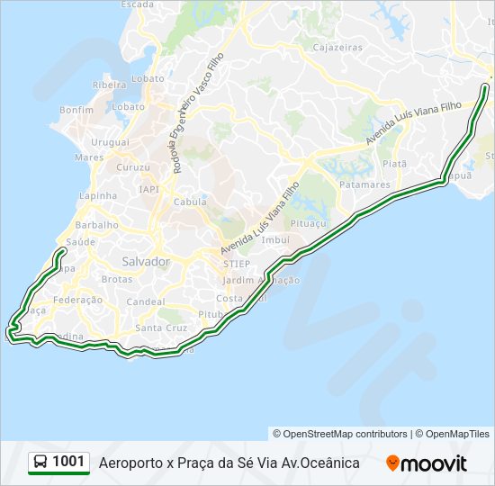 Mapa da linha 1001 de ônibus
