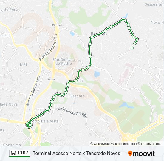 Mapa da linha 1107 de ônibus