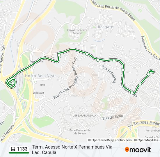 Mapa da linha 1133 de ônibus