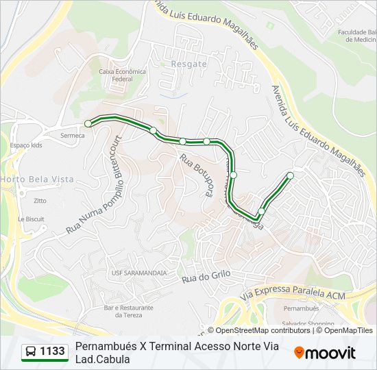 Mapa da linha 1133 de ônibus