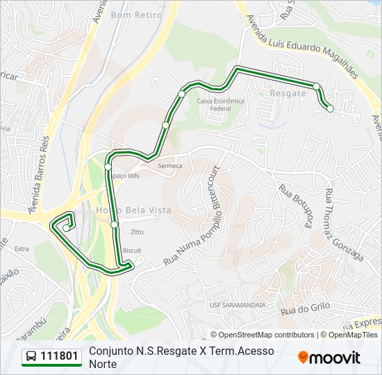 Mapa da linha 111801 de ônibus