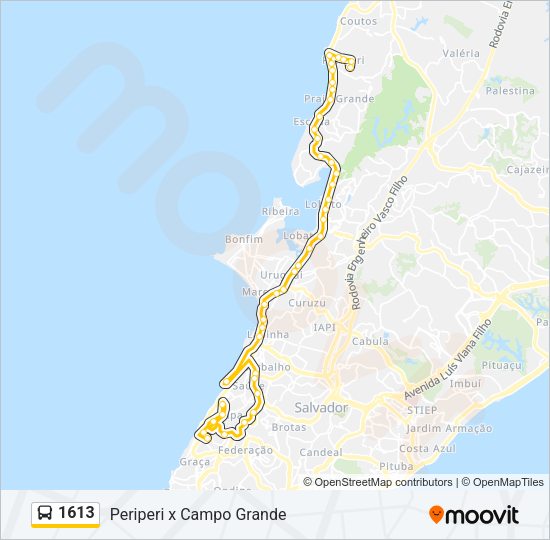 Mapa da linha 1613 de ônibus