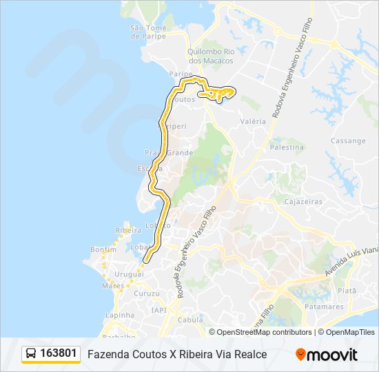 Mapa da linha 163801 de ônibus