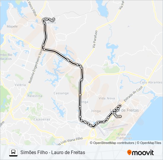 Mapa da linha 874A SIMÕES FILHO - LAURO DE FREITAS de ônibus