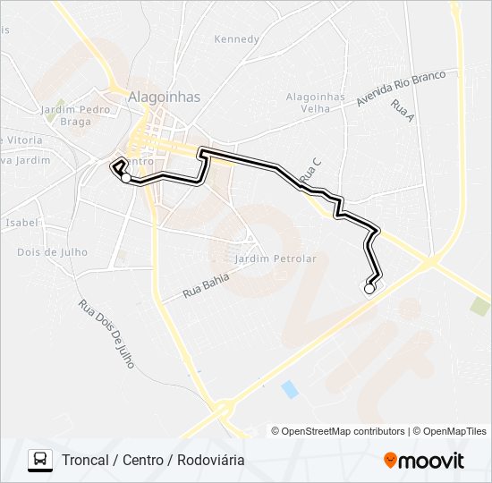 Mapa da linha T001 TRONCAL / CENTRO / RODOVIÁRIA de ônibus
