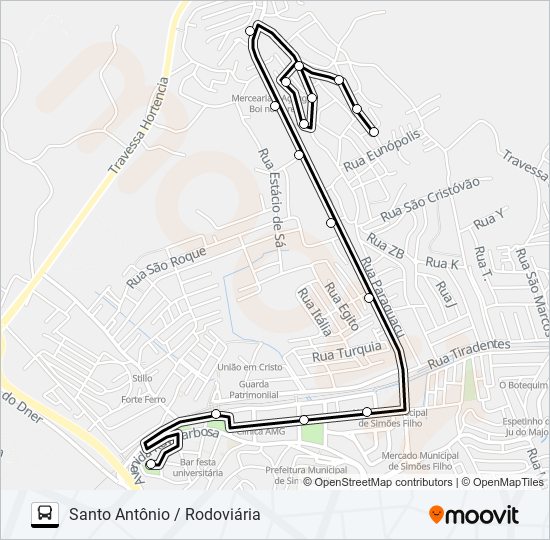 Mapa da linha SF-001 SANTO ANTÔNIO / RODOVIÁRIA de ônibus