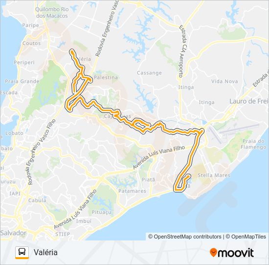Mapa da linha L518 VALÉRIA - ITAPUÃ de ônibus