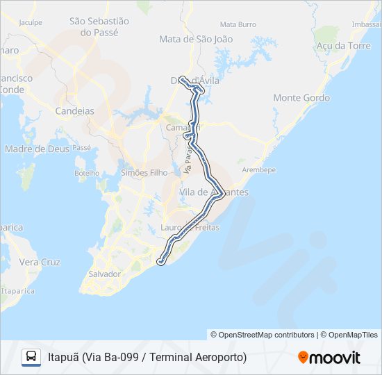 Mapa da linha 889A.URB DIAS D'ÁVILA - ITAPUÃ (VIA BA-099 / TERMINAL AEROPORTO) de ônibus