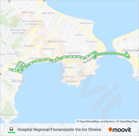 Mapa da linha 2020 HOSPITAL REGIONAL/FLORIANÓPOLIS VIA IVO SILVEIRA de ônibus
