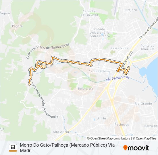 Mapa da linha 5033 MORRO DO GATO/PALHOÇA (PRAÇA) VIA MADRI de ônibus