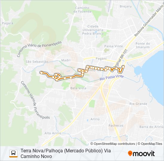 Mapa de 543 TERRA NOVA/PALHOÇA (PRAÇA) VIA CAMINHO NOVO de autobús