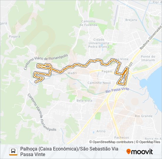 Mapa de 503 SÃO SEBASTIÃO/PALHOÇA (PRAÇA) VIA PASSA VINTE de autobús