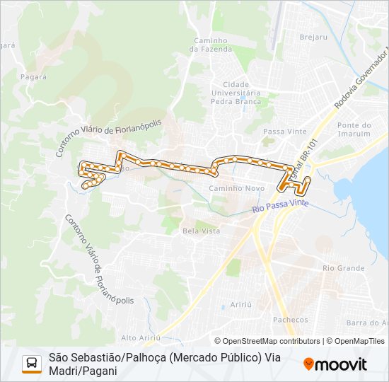 Mapa da linha 5039 SÃO SEBASTIÃO/PALHOÇA (PRAÇA) VIA MADRI/PAGANI de ônibus