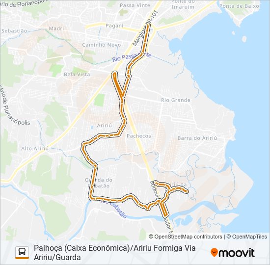 Mapa da linha 303 ARIRIU FORMIGA/PALHOÇA (PRAÇA)  VIA GUARDA/ARIRIU de ônibus