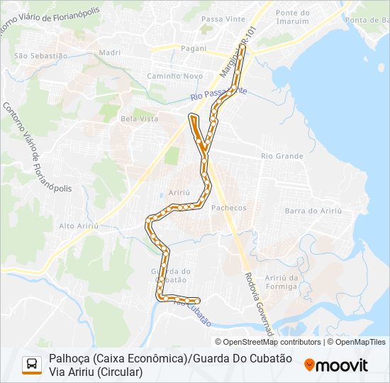 Mapa da linha 333 GUARDA DO CUBATÃO/PALHOÇA (PRAÇA) VIA ARIRIÚ (CIRCULAR) de ônibus