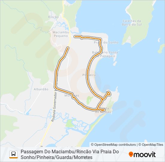 02 PASSAGEM DO MACIAMBU/RINCÃO VIA PRAIA DO SONHO/PINHEIRA/GUARDA bus Line Map