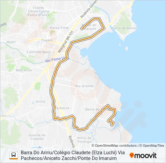 Mapa da linha 223 BARRA DO ARIRIU/PALHOÇA OU PONTE DO IMARUIM VIA PACHECOS (URBANA) de ônibus
