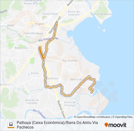 Mapa da linha 223 BARRA DO ARIRIU/PALHOÇA OU PONTE DO IMARUIM VIA PACHECOS (URBANA) de ônibus