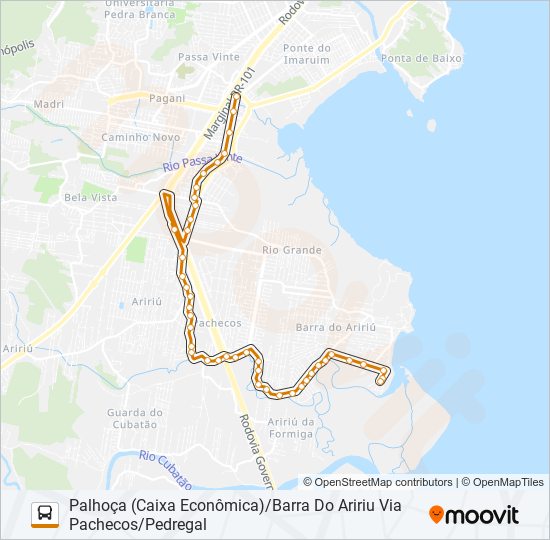 Mapa da linha 223 BARRA DO ARIRIU/PALHOÇA OU PONTE DO IMARUIM VIA PACHECOS (URBANA) de ônibus
