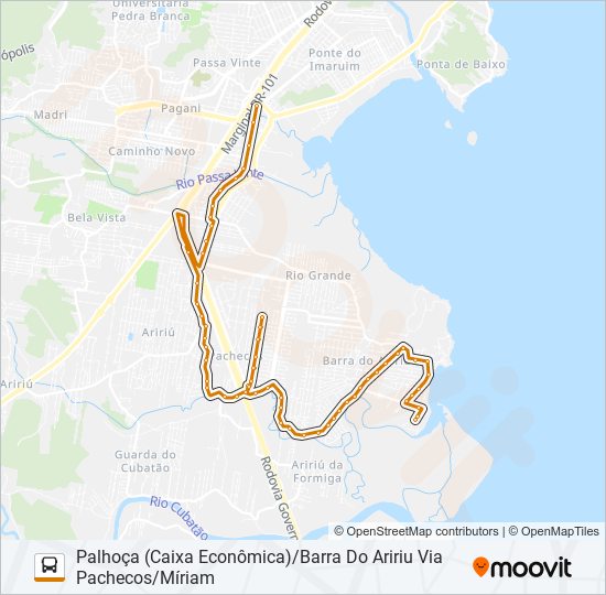 Mapa de 223 BARRA DO ARIRIU/PALHOÇA OU PONTE DO IMARUIM VIA PACHECOS (URBANA) de autobús