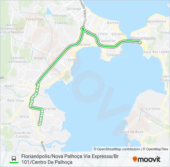 Mapa de 6350 NOVA PALHOÇA/FLORIANÓPOLIS VIA CENTRO DE PALHOÇA/MARGINAL BR 101/VIA EXPRESSA de autobús