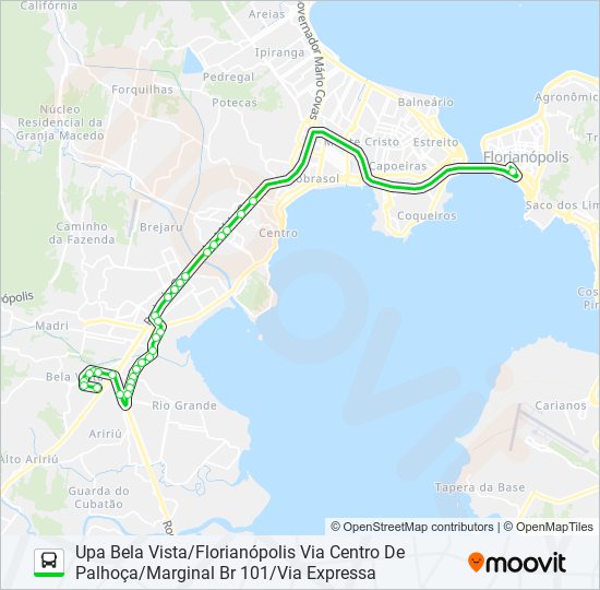 Mapa da linha 0387 UPA BELA VISTA/FLORIANÓPOLIS VIA CENTRO DE PALHOÇA/MARGINAL BR 101/VIA EXPRESSA de ônibus