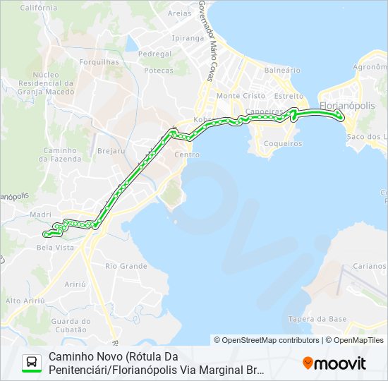 Mapa da linha 02853 CAMINHO NOVO (RÓTULA DA PENITENCIÁRIA)/FLORIANÓPOLIS VIA MARGINAL BR 101/HOSPITAL REGIONAL/BEI de ônibus