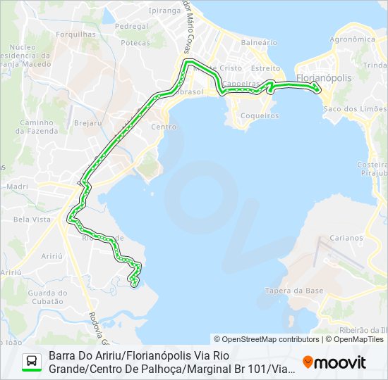 Mapa da linha 03615 BARRA DO ARIRIU/FLORIANÓPOLIS VIA RIO GRANDE/CENTRO DE PALHOÇA/MARGINAL BR 101/VIA EXPRESSA/IV de ônibus