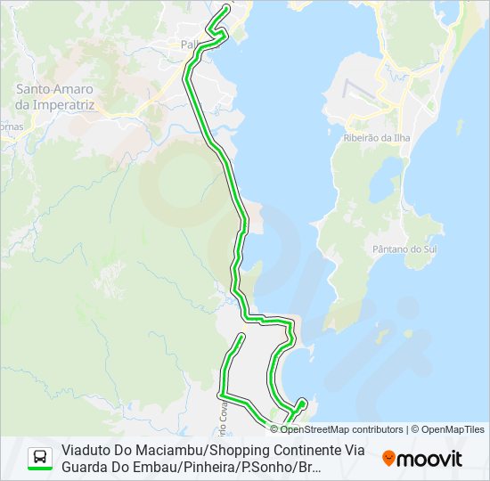 Mapa da linha 11360 VIADUTO DO MACIAMBU/SHOPPING CONTINENTE VIA GUARDA DO EMBAU/PINHEIRA/PRAIA DO SONHO/BR 101/CEN de ônibus