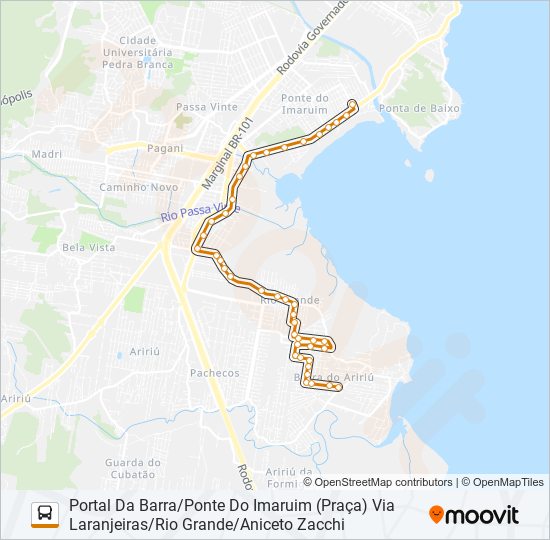 Mapa de 280 PORTAL DA BARRA/PALHOÇA (PRAÇA) OU PONTE DO IMARUIM (PRAÇA) VIA LARANJEIRAS/RIO GRANDE VILA NOVA de autobús