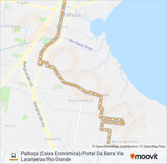 Mapa de 280 PORTAL DA BARRA/PALHOÇA (PRAÇA) OU PONTE DO IMARUIM (PRAÇA) VIA LARANJEIRAS/RIO GRANDE VILA NOVA de autobús