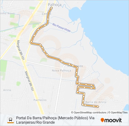 Mapa de 280 PORTAL DA BARRA/PALHOÇA (PRAÇA) OU PONTE DO IMARUIM (PRAÇA) VIA LARANJEIRAS/RIO GRANDE VILA NOVA de autobús